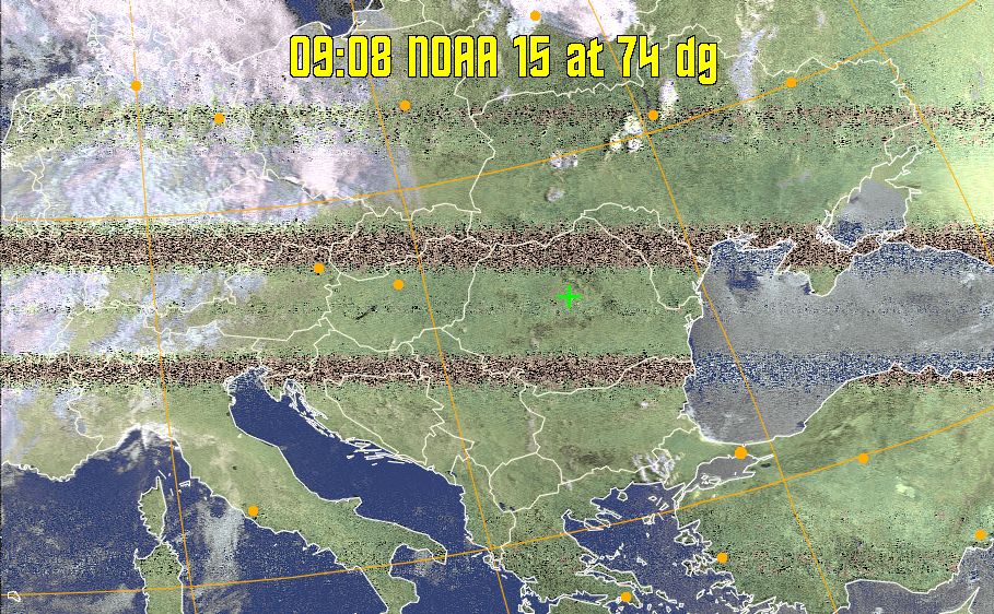 HVCT:
Similar to HVC, but with blue water and with colours more indicative of
land temperatures.
HVC:
Creates a false colour image from NOAA APT images based on temperature using
the HVC colour model. Uses the temperature derived from the sensor 4 image to
select the hue and the brightness from the histogram equalised other image to
select the value and chroma. The HVC colour model attempts to ensure that different colours at the same value will appear to the eye to be the same brightness
and the spacing between colours representing each degree will appear to the eye to
be similar. Bright areas are completely unsaturated in this model.