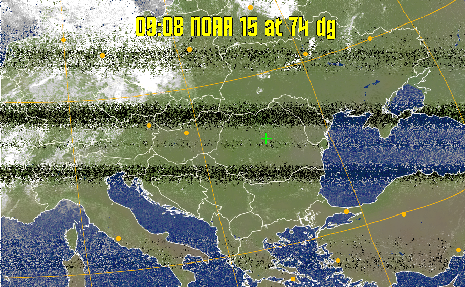 MCIR-precip: 
Colours the NOAA sensor 4 IR image using a map to colour the sea blue and land
green. High clouds appear white, lower clouds gray or land/sea coloured, clouds
generally appear lighter, but distinguishing between land/sea and low cloud may
be difficult. Darker colours indicate warmer regions.