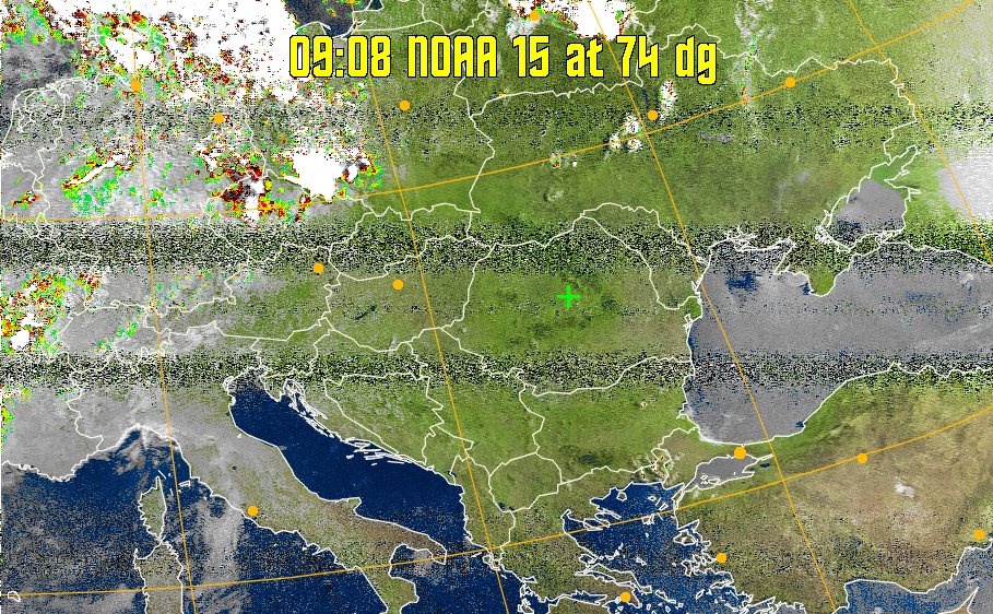 MSA-precip:
Same as MSA multispectral analysis, but high cold cloud tops are coloured the
same as the NO enhancement to give an approximate indication of the probability
and intensity of precipitation.