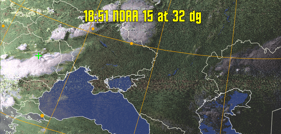 HVCT:
Similar to HVC, but with blue water and with colours more indicative of
land temperatures.
HVC:
Creates a false colour image from NOAA APT images based on temperature using
the HVC colour model. Uses the temperature derived from the sensor 4 image to
select the hue and the brightness from the histogram equalised other image to
select the value and chroma. The HVC colour model attempts to ensure that different colours at the same value will appear to the eye to be the same brightness
and the spacing between colours representing each degree will appear to the eye to
be similar. Bright areas are completely unsaturated in this model.