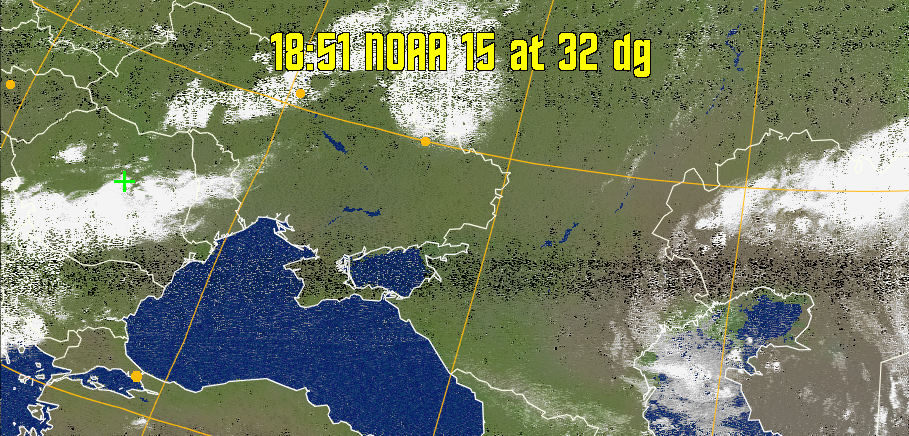 MCIR-precip: 
Colours the NOAA sensor 4 IR image using a map to colour the sea blue and land
green. High clouds appear white, lower clouds gray or land/sea coloured, clouds
generally appear lighter, but distinguishing between land/sea and low cloud may
be difficult. Darker colours indicate warmer regions.
