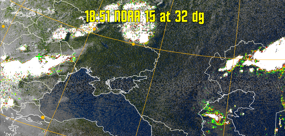 MSA-precip:
Same as MSA multispectral analysis, but high cold cloud tops are coloured the
same as the NO enhancement to give an approximate indication of the probability
and intensity of precipitation.