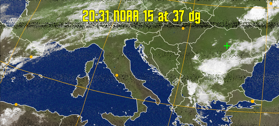 MCIR-precip: 
Colours the NOAA sensor 4 IR image using a map to colour the sea blue and land
green. High clouds appear white, lower clouds gray or land/sea coloured, clouds
generally appear lighter, but distinguishing between land/sea and low cloud may
be difficult. Darker colours indicate warmer regions.
