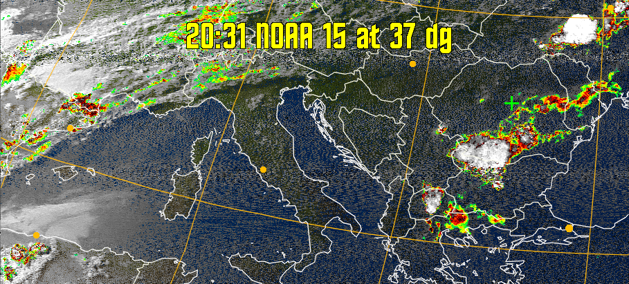 MSA-precip:
Same as MSA multispectral analysis, but high cold cloud tops are coloured the
same as the NO enhancement to give an approximate indication of the probability
and intensity of precipitation.