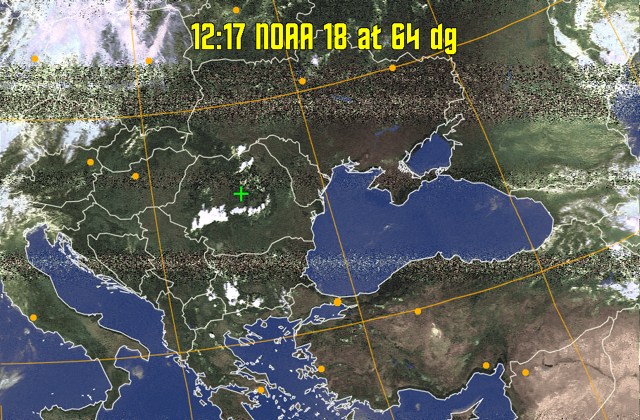 HVCT:
Similar to HVC, but with blue water and with colours more indicative of
land temperatures.
HVC:
Creates a false colour image from NOAA APT images based on temperature using
the HVC colour model. Uses the temperature derived from the sensor 4 image to
select the hue and the brightness from the histogram equalised other image to
select the value and chroma. The HVC colour model attempts to ensure that different colours at the same value will appear to the eye to be the same brightness
and the spacing between colours representing each degree will appear to the eye to
be similar. Bright areas are completely unsaturated in this model.