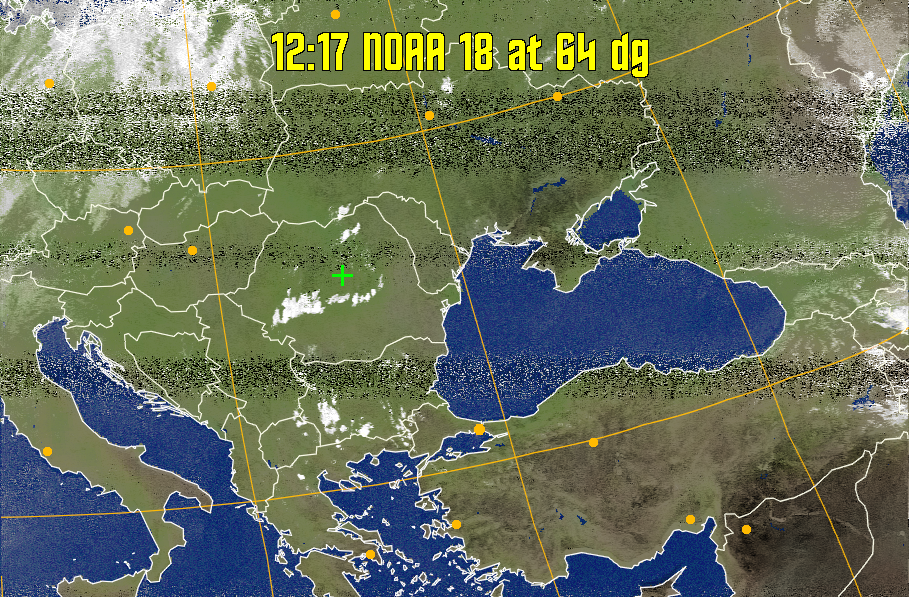 MCIR-precip: 
Colours the NOAA sensor 4 IR image using a map to colour the sea blue and land
green. High clouds appear white, lower clouds gray or land/sea coloured, clouds
generally appear lighter, but distinguishing between land/sea and low cloud may
be difficult. Darker colours indicate warmer regions.