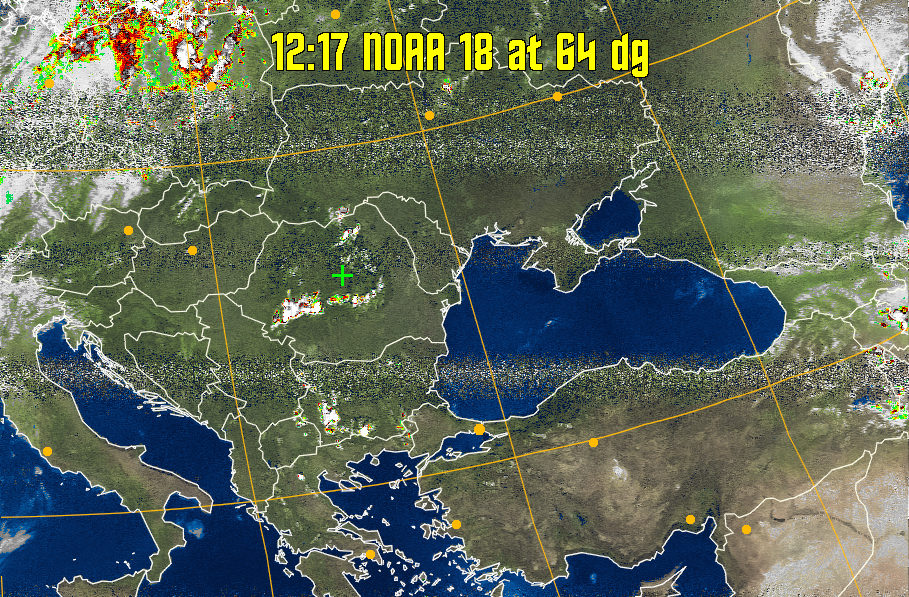 MSA-precip:
Same as MSA multispectral analysis, but high cold cloud tops are coloured the
same as the NO enhancement to give an approximate indication of the probability
and intensity of precipitation.