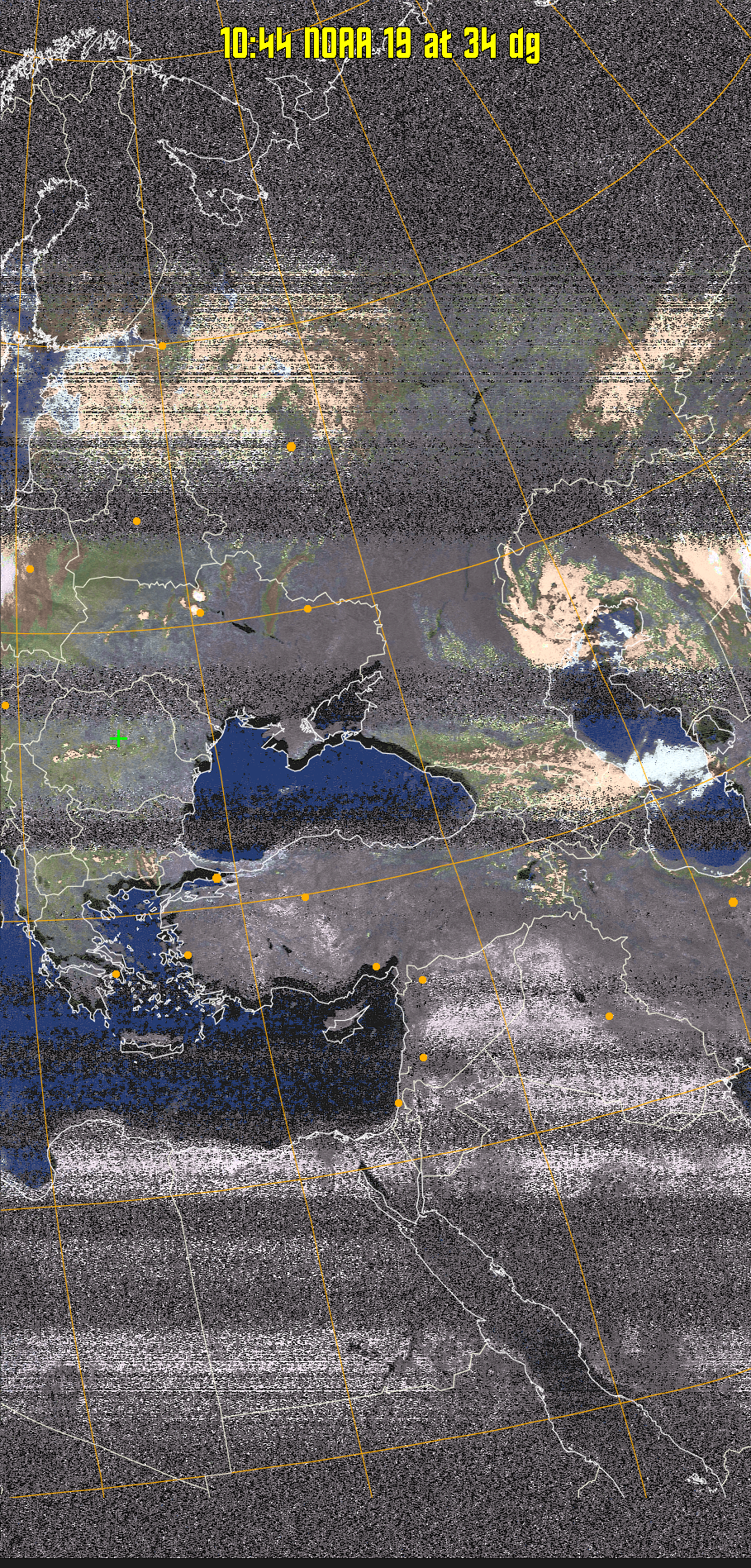 HVCT:
Similar to HVC, but with blue water and with colours more indicative of
land temperatures.
HVC:
Creates a false colour image from NOAA APT images based on temperature using
the HVC colour model. Uses the temperature derived from the sensor 4 image to
select the hue and the brightness from the histogram equalised other image to
select the value and chroma. The HVC colour model attempts to ensure that different colours at the same value will appear to the eye to be the same brightness
and the spacing between colours representing each degree will appear to the eye to
be similar. Bright areas are completely unsaturated in this model.
