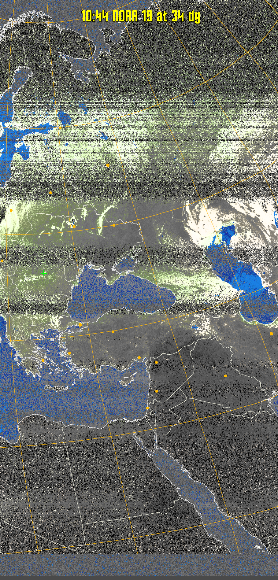 MCIR-precip: 
Colours the NOAA sensor 4 IR image using a map to colour the sea blue and land
green. High clouds appear white, lower clouds gray or land/sea coloured, clouds
generally appear lighter, but distinguishing between land/sea and low cloud may
be difficult. Darker colours indicate warmer regions.