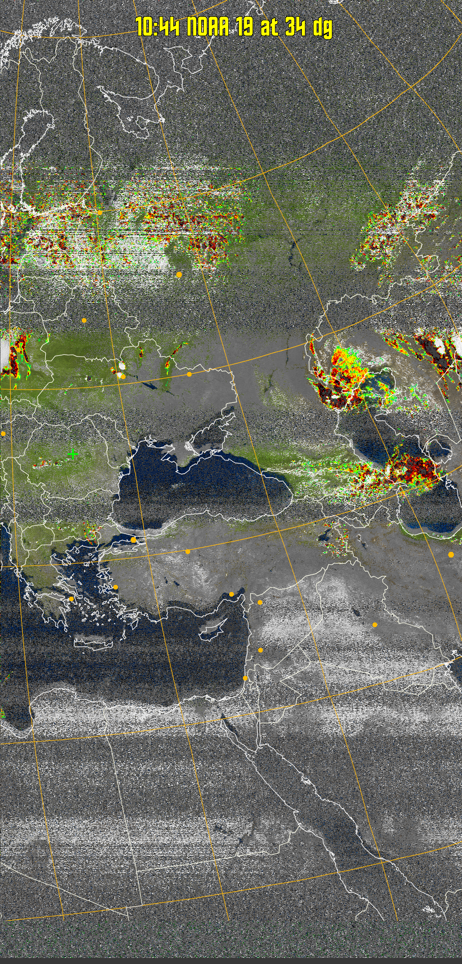 MSA-precip:
Same as MSA multispectral analysis, but high cold cloud tops are coloured the
same as the NO enhancement to give an approximate indication of the probability
and intensity of precipitation.