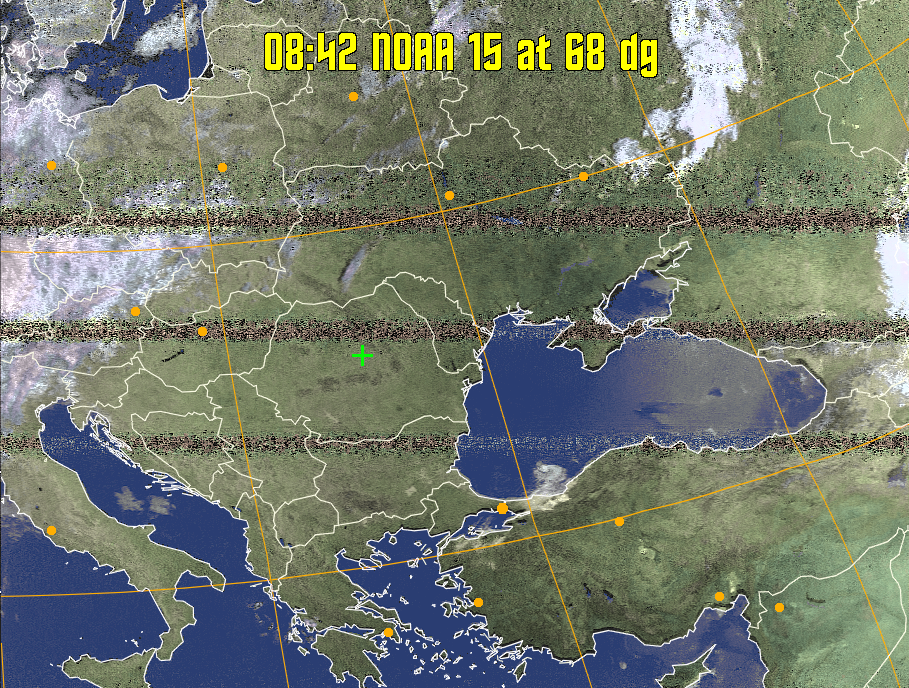 HVCT:
Similar to HVC, but with blue water and with colours more indicative of
land temperatures.
HVC:
Creates a false colour image from NOAA APT images based on temperature using
the HVC colour model. Uses the temperature derived from the sensor 4 image to
select the hue and the brightness from the histogram equalised other image to
select the value and chroma. The HVC colour model attempts to ensure that different colours at the same value will appear to the eye to be the same brightness
and the spacing between colours representing each degree will appear to the eye to
be similar. Bright areas are completely unsaturated in this model.
