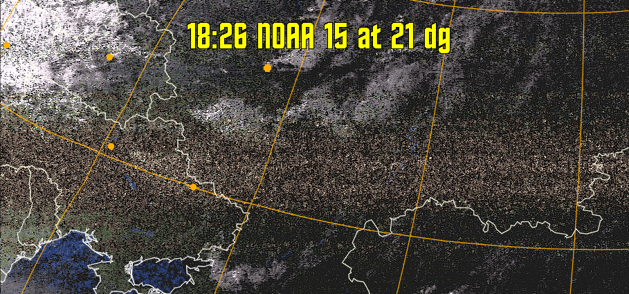 HVCT:
Similar to HVC, but with blue water and with colours more indicative of
land temperatures.
HVC:
Creates a false colour image from NOAA APT images based on temperature using
the HVC colour model. Uses the temperature derived from the sensor 4 image to
select the hue and the brightness from the histogram equalised other image to
select the value and chroma. The HVC colour model attempts to ensure that different colours at the same value will appear to the eye to be the same brightness
and the spacing between colours representing each degree will appear to the eye to
be similar. Bright areas are completely unsaturated in this model.