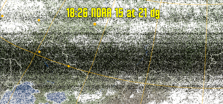 MCIR-precip: 
Colours the NOAA sensor 4 IR image using a map to colour the sea blue and land
green. High clouds appear white, lower clouds gray or land/sea coloured, clouds
generally appear lighter, but distinguishing between land/sea and low cloud may
be difficult. Darker colours indicate warmer regions.