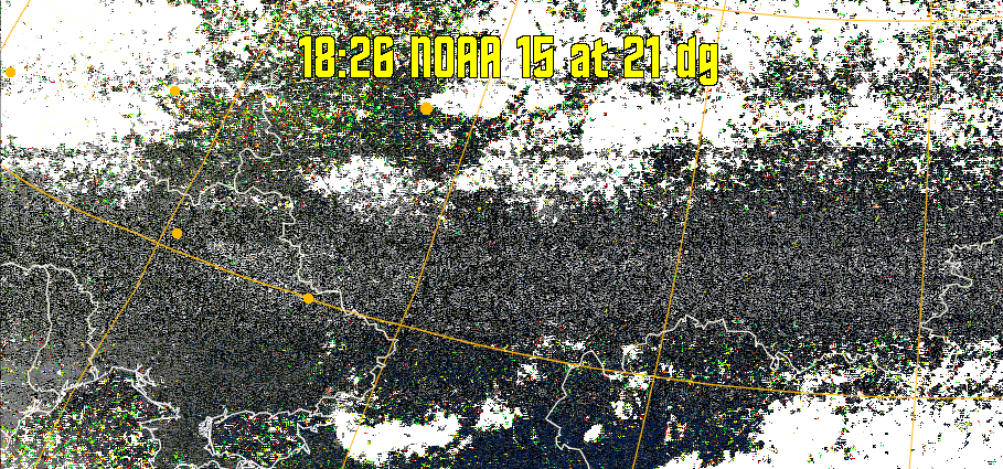 MSA-precip:
Same as MSA multispectral analysis, but high cold cloud tops are coloured the
same as the NO enhancement to give an approximate indication of the probability
and intensity of precipitation.