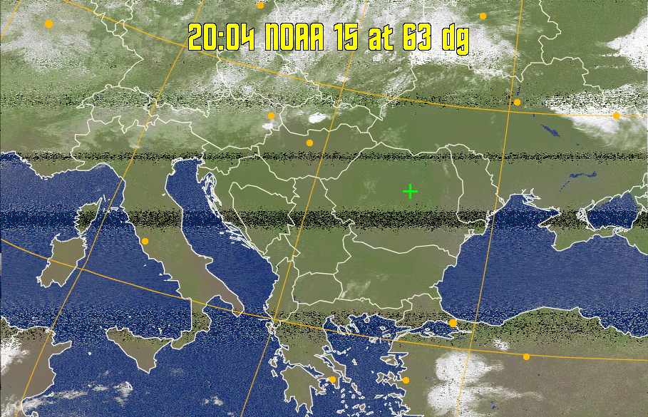 MCIR-precip: 
Colours the NOAA sensor 4 IR image using a map to colour the sea blue and land
green. High clouds appear white, lower clouds gray or land/sea coloured, clouds
generally appear lighter, but distinguishing between land/sea and low cloud may
be difficult. Darker colours indicate warmer regions.