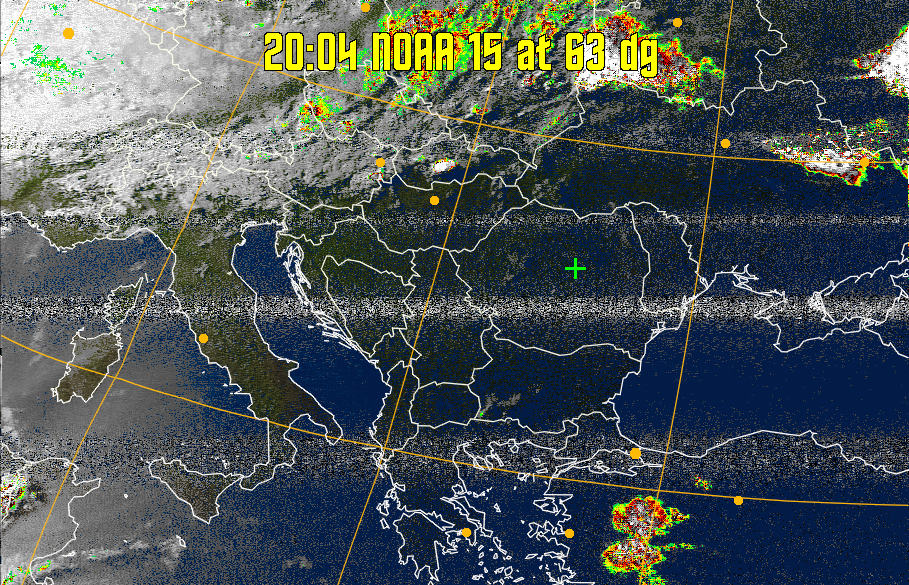 MSA-precip:
Same as MSA multispectral analysis, but high cold cloud tops are coloured the
same as the NO enhancement to give an approximate indication of the probability
and intensity of precipitation.