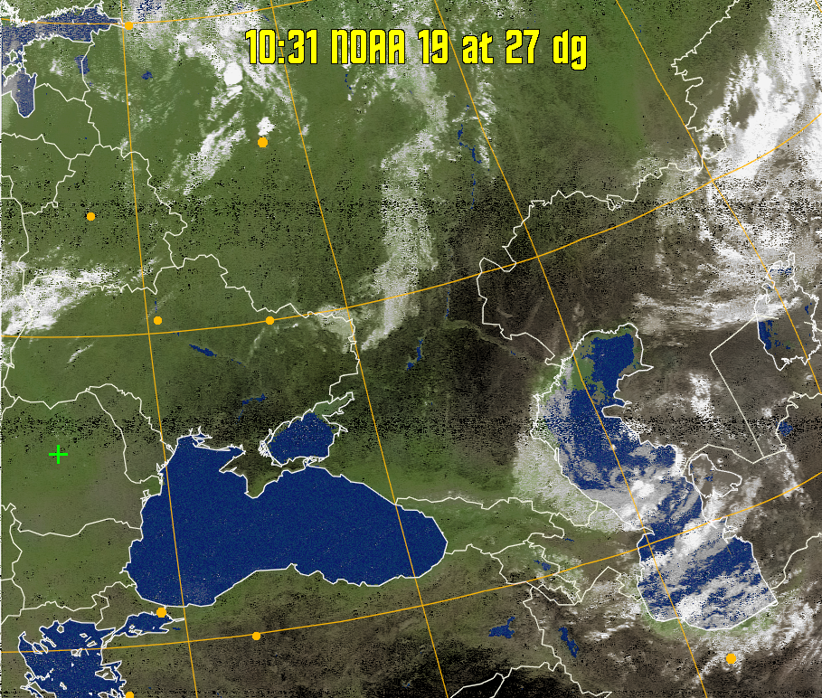 MCIR-precip: 
Colours the NOAA sensor 4 IR image using a map to colour the sea blue and land
green. High clouds appear white, lower clouds gray or land/sea coloured, clouds
generally appear lighter, but distinguishing between land/sea and low cloud may
be difficult. Darker colours indicate warmer regions.