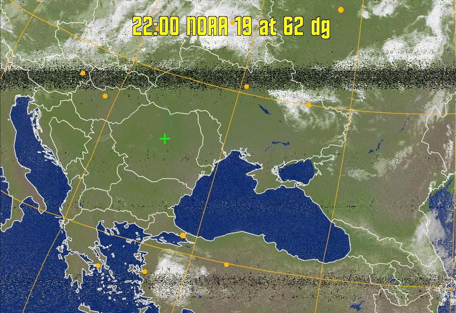 MCIR-precip: 
Colours the NOAA sensor 4 IR image using a map to colour the sea blue and land
green. High clouds appear white, lower clouds gray or land/sea coloured, clouds
generally appear lighter, but distinguishing between land/sea and low cloud may
be difficult. Darker colours indicate warmer regions.