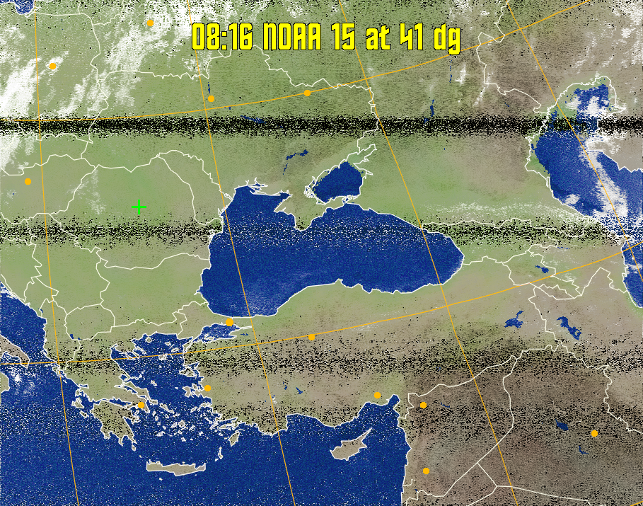 MCIR-precip: 
Colours the NOAA sensor 4 IR image using a map to colour the sea blue and land
green. High clouds appear white, lower clouds gray or land/sea coloured, clouds
generally appear lighter, but distinguishing between land/sea and low cloud may
be difficult. Darker colours indicate warmer regions.