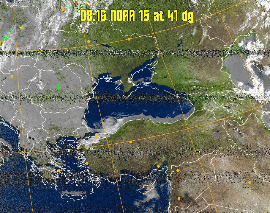 MSA-precip:
Same as MSA multispectral analysis, but high cold cloud tops are coloured the
same as the NO enhancement to give an approximate indication of the probability
and intensity of precipitation.