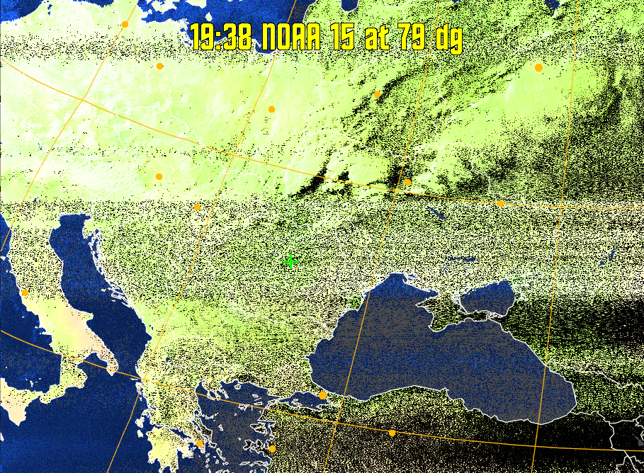 MCIR-precip: 
Colours the NOAA sensor 4 IR image using a map to colour the sea blue and land
green. High clouds appear white, lower clouds gray or land/sea coloured, clouds
generally appear lighter, but distinguishing between land/sea and low cloud may
be difficult. Darker colours indicate warmer regions.