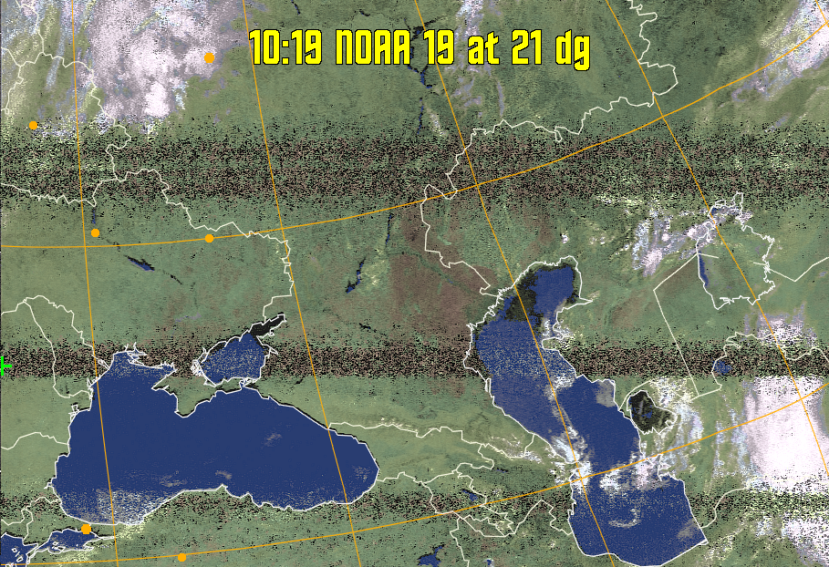 HVCT:
Similar to HVC, but with blue water and with colours more indicative of
land temperatures.
HVC:
Creates a false colour image from NOAA APT images based on temperature using
the HVC colour model. Uses the temperature derived from the sensor 4 image to
select the hue and the brightness from the histogram equalised other image to
select the value and chroma. The HVC colour model attempts to ensure that different colours at the same value will appear to the eye to be the same brightness
and the spacing between colours representing each degree will appear to the eye to
be similar. Bright areas are completely unsaturated in this model.
