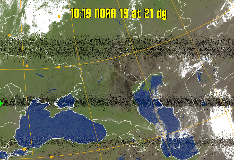 MCIR-precip: 
Colours the NOAA sensor 4 IR image using a map to colour the sea blue and land
green. High clouds appear white, lower clouds gray or land/sea coloured, clouds
generally appear lighter, but distinguishing between land/sea and low cloud may
be difficult. Darker colours indicate warmer regions.