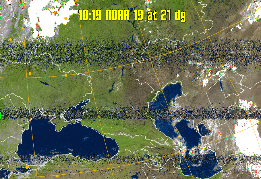 MSA-precip:
Same as MSA multispectral analysis, but high cold cloud tops are coloured the
same as the NO enhancement to give an approximate indication of the probability
and intensity of precipitation.