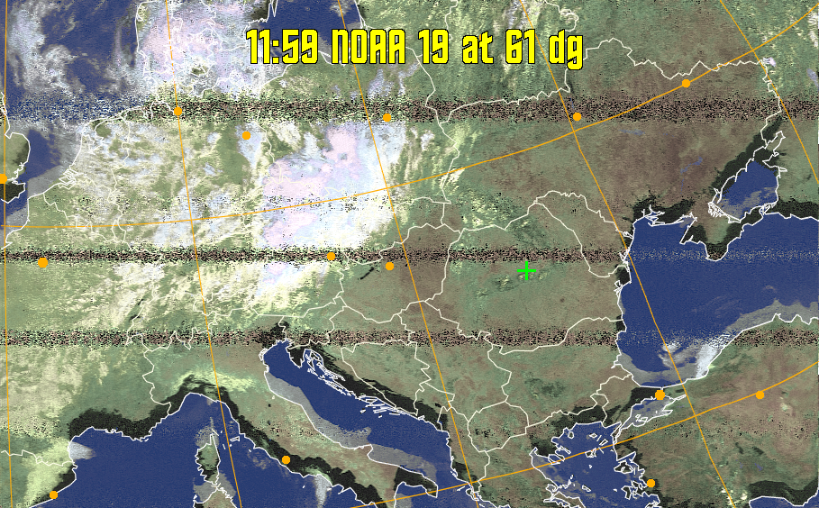 HVCT:
Similar to HVC, but with blue water and with colours more indicative of
land temperatures.
HVC:
Creates a false colour image from NOAA APT images based on temperature using
the HVC colour model. Uses the temperature derived from the sensor 4 image to
select the hue and the brightness from the histogram equalised other image to
select the value and chroma. The HVC colour model attempts to ensure that different colours at the same value will appear to the eye to be the same brightness
and the spacing between colours representing each degree will appear to the eye to
be similar. Bright areas are completely unsaturated in this model.