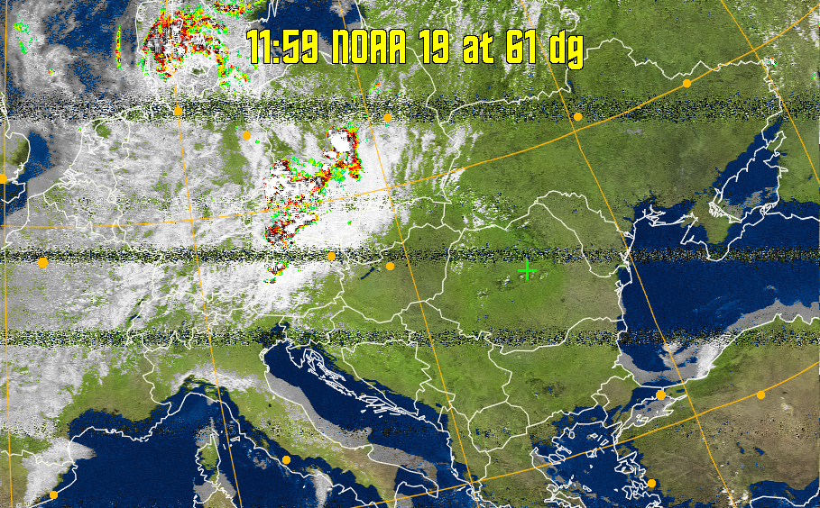 MSA-precip:
Same as MSA multispectral analysis, but high cold cloud tops are coloured the
same as the NO enhancement to give an approximate indication of the probability
and intensity of precipitation.