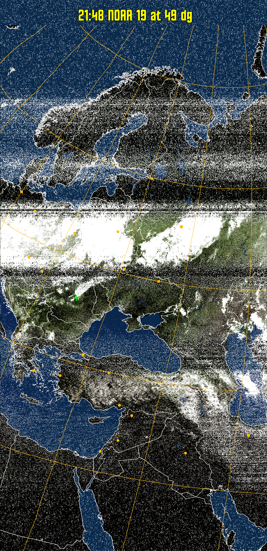 MCIR-precip: 
Colours the NOAA sensor 4 IR image using a map to colour the sea blue and land
green. High clouds appear white, lower clouds gray or land/sea coloured, clouds
generally appear lighter, but distinguishing between land/sea and low cloud may
be difficult. Darker colours indicate warmer regions.