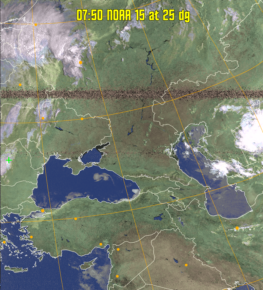 HVCT:
Similar to HVC, but with blue water and with colours more indicative of
land temperatures.
HVC:
Creates a false colour image from NOAA APT images based on temperature using
the HVC colour model. Uses the temperature derived from the sensor 4 image to
select the hue and the brightness from the histogram equalised other image to
select the value and chroma. The HVC colour model attempts to ensure that different colours at the same value will appear to the eye to be the same brightness
and the spacing between colours representing each degree will appear to the eye to
be similar. Bright areas are completely unsaturated in this model.
