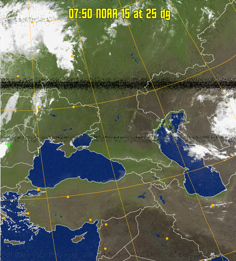 MCIR-precip: 
Colours the NOAA sensor 4 IR image using a map to colour the sea blue and land
green. High clouds appear white, lower clouds gray or land/sea coloured, clouds
generally appear lighter, but distinguishing between land/sea and low cloud may
be difficult. Darker colours indicate warmer regions.