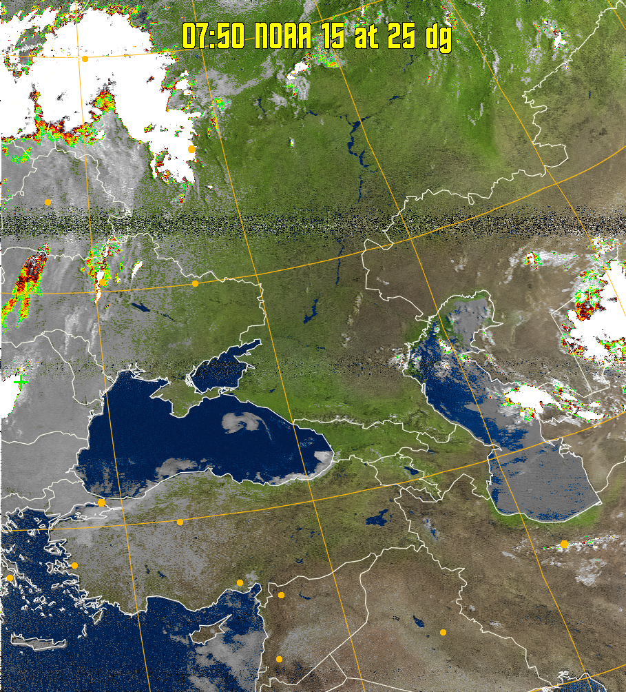 MSA-precip:
Same as MSA multispectral analysis, but high cold cloud tops are coloured the
same as the NO enhancement to give an approximate indication of the probability
and intensity of precipitation.
