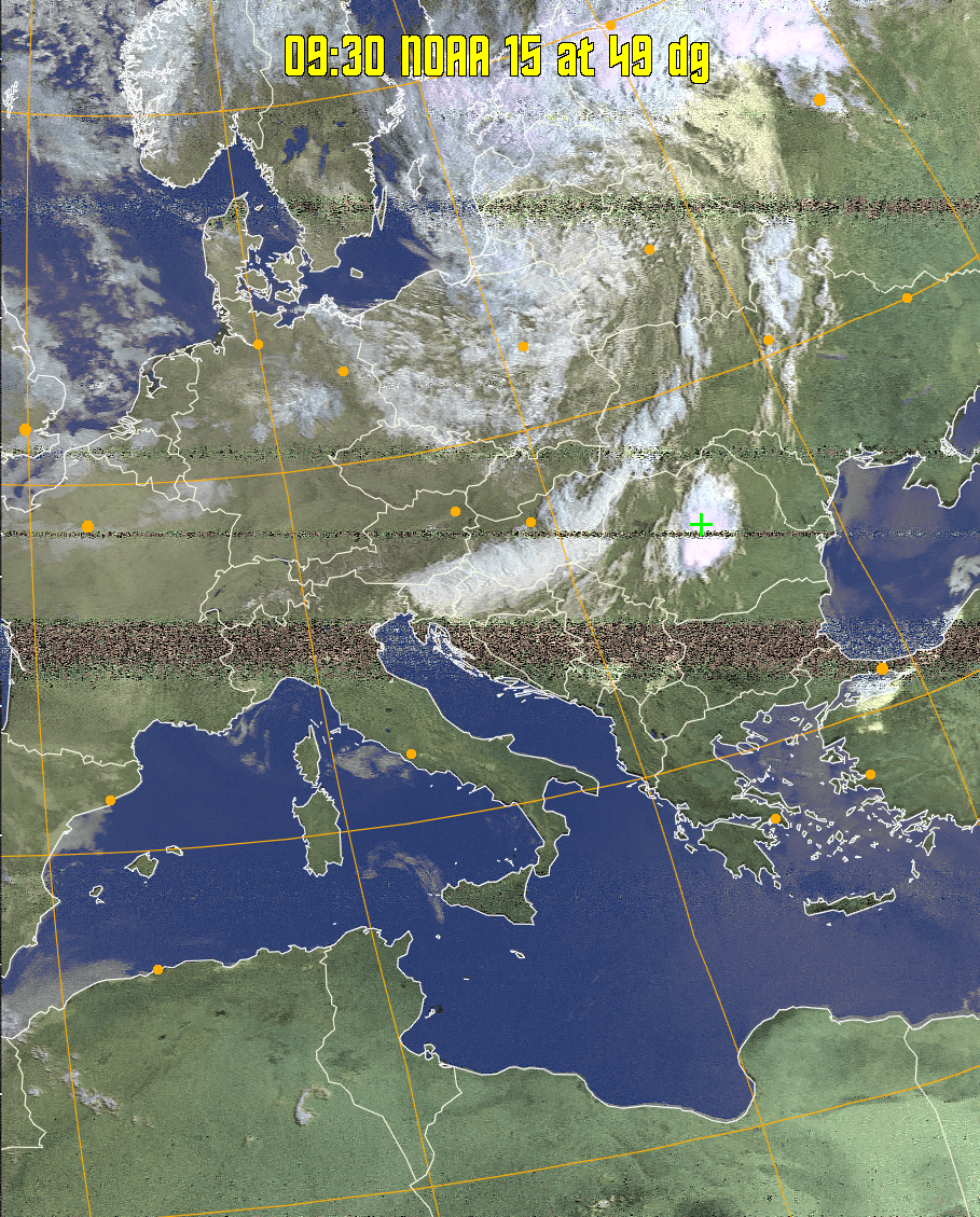 HVCT:
Similar to HVC, but with blue water and with colours more indicative of
land temperatures.
HVC:
Creates a false colour image from NOAA APT images based on temperature using
the HVC colour model. Uses the temperature derived from the sensor 4 image to
select the hue and the brightness from the histogram equalised other image to
select the value and chroma. The HVC colour model attempts to ensure that different colours at the same value will appear to the eye to be the same brightness
and the spacing between colours representing each degree will appear to the eye to
be similar. Bright areas are completely unsaturated in this model.