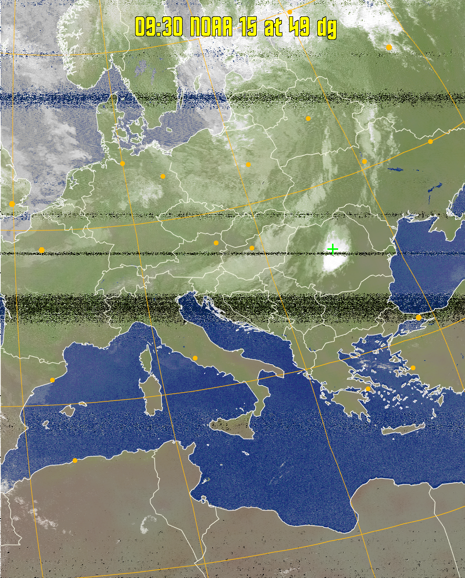 MCIR-precip: 
Colours the NOAA sensor 4 IR image using a map to colour the sea blue and land
green. High clouds appear white, lower clouds gray or land/sea coloured, clouds
generally appear lighter, but distinguishing between land/sea and low cloud may
be difficult. Darker colours indicate warmer regions.