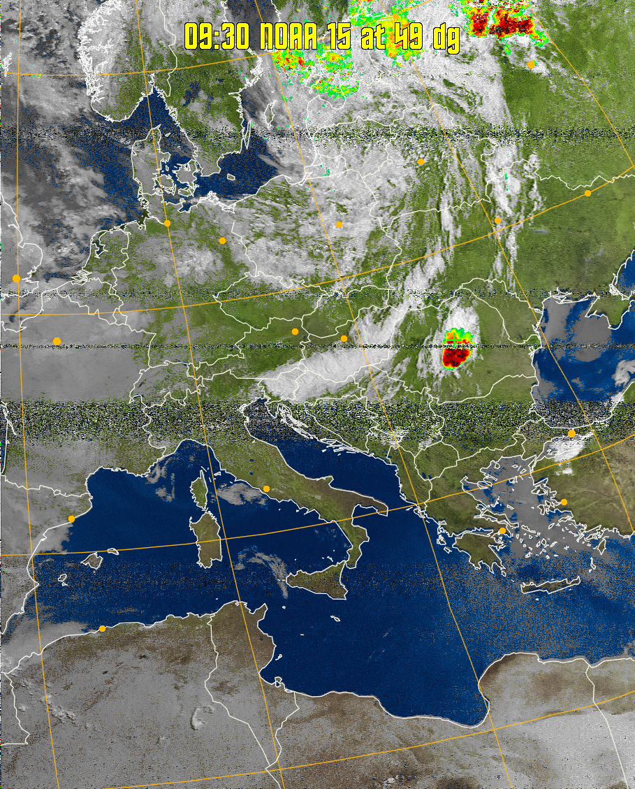 MSA-precip:
Same as MSA multispectral analysis, but high cold cloud tops are coloured the
same as the NO enhancement to give an approximate indication of the probability
and intensity of precipitation.