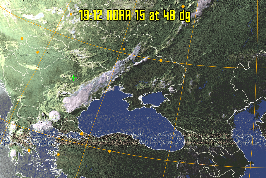HVCT:
Similar to HVC, but with blue water and with colours more indicative of
land temperatures.
HVC:
Creates a false colour image from NOAA APT images based on temperature using
the HVC colour model. Uses the temperature derived from the sensor 4 image to
select the hue and the brightness from the histogram equalised other image to
select the value and chroma. The HVC colour model attempts to ensure that different colours at the same value will appear to the eye to be the same brightness
and the spacing between colours representing each degree will appear to the eye to
be similar. Bright areas are completely unsaturated in this model.