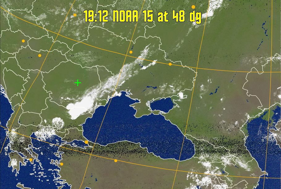 MCIR-precip: 
Colours the NOAA sensor 4 IR image using a map to colour the sea blue and land
green. High clouds appear white, lower clouds gray or land/sea coloured, clouds
generally appear lighter, but distinguishing between land/sea and low cloud may
be difficult. Darker colours indicate warmer regions.