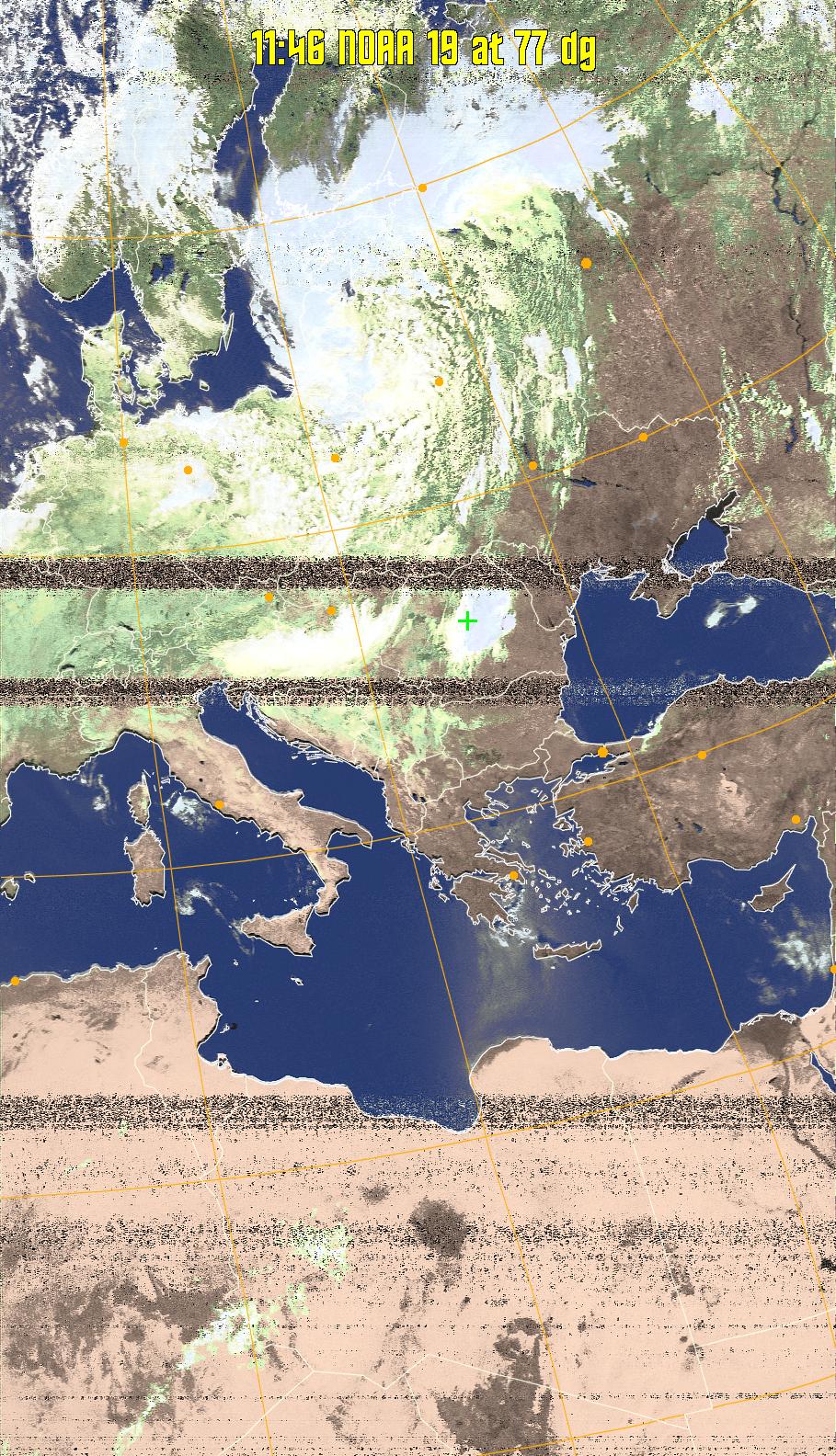 HVCT:
Similar to HVC, but with blue water and with colours more indicative of
land temperatures.
HVC:
Creates a false colour image from NOAA APT images based on temperature using
the HVC colour model. Uses the temperature derived from the sensor 4 image to
select the hue and the brightness from the histogram equalised other image to
select the value and chroma. The HVC colour model attempts to ensure that different colours at the same value will appear to the eye to be the same brightness
and the spacing between colours representing each degree will appear to the eye to
be similar. Bright areas are completely unsaturated in this model.
