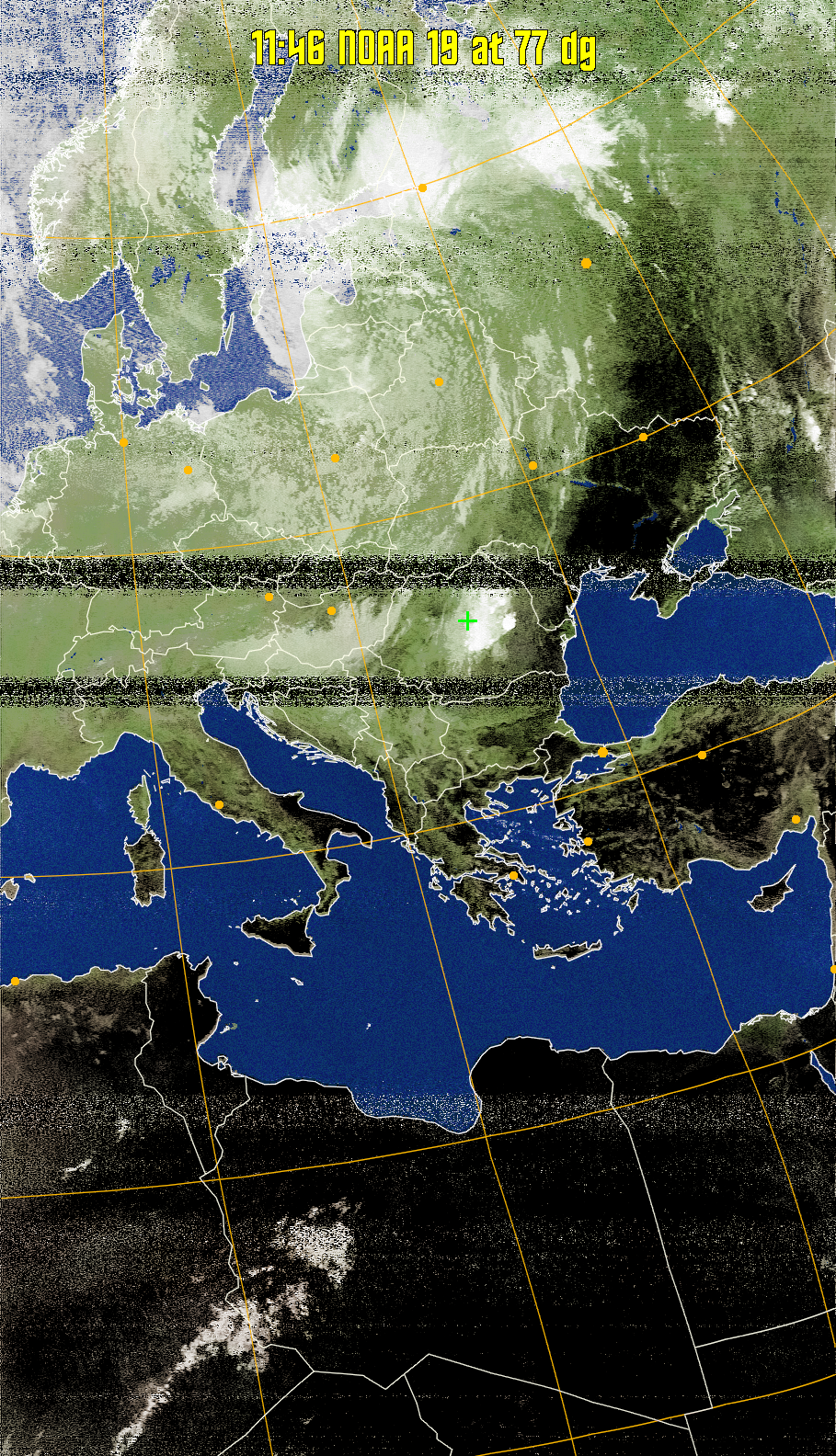 MCIR-precip: 
Colours the NOAA sensor 4 IR image using a map to colour the sea blue and land
green. High clouds appear white, lower clouds gray or land/sea coloured, clouds
generally appear lighter, but distinguishing between land/sea and low cloud may
be difficult. Darker colours indicate warmer regions.