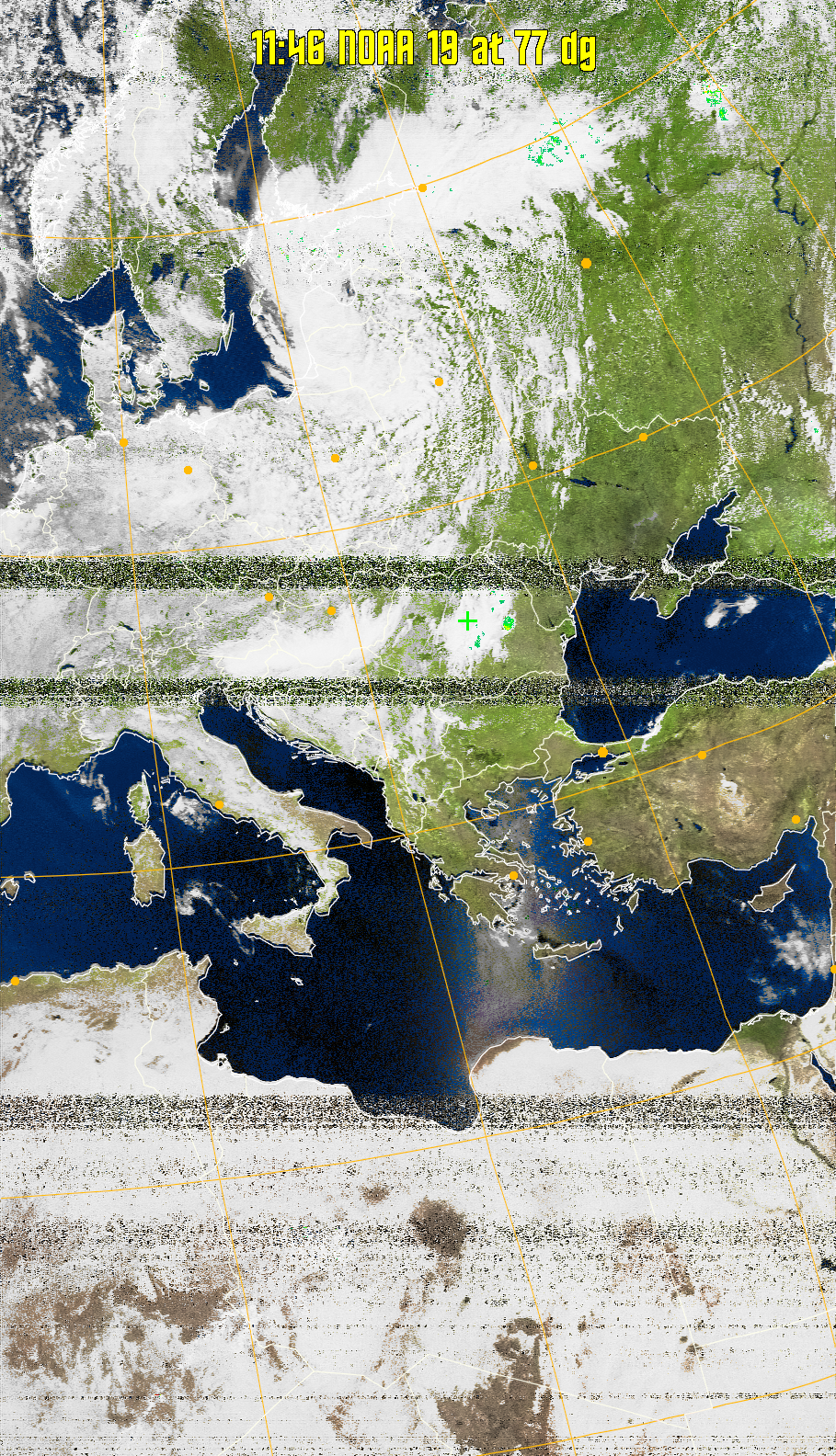 MSA-precip:
Same as MSA multispectral analysis, but high cold cloud tops are coloured the
same as the NO enhancement to give an approximate indication of the probability
and intensity of precipitation.