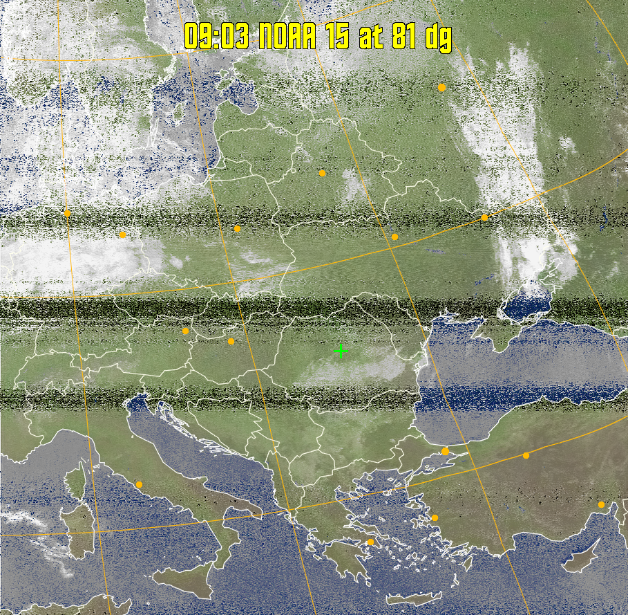 MCIR-precip: 
Colours the NOAA sensor 4 IR image using a map to colour the sea blue and land
green. High clouds appear white, lower clouds gray or land/sea coloured, clouds
generally appear lighter, but distinguishing between land/sea and low cloud may
be difficult. Darker colours indicate warmer regions.