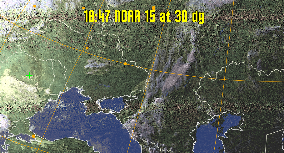 HVCT:
Similar to HVC, but with blue water and with colours more indicative of
land temperatures.
HVC:
Creates a false colour image from NOAA APT images based on temperature using
the HVC colour model. Uses the temperature derived from the sensor 4 image to
select the hue and the brightness from the histogram equalised other image to
select the value and chroma. The HVC colour model attempts to ensure that different colours at the same value will appear to the eye to be the same brightness
and the spacing between colours representing each degree will appear to the eye to
be similar. Bright areas are completely unsaturated in this model.