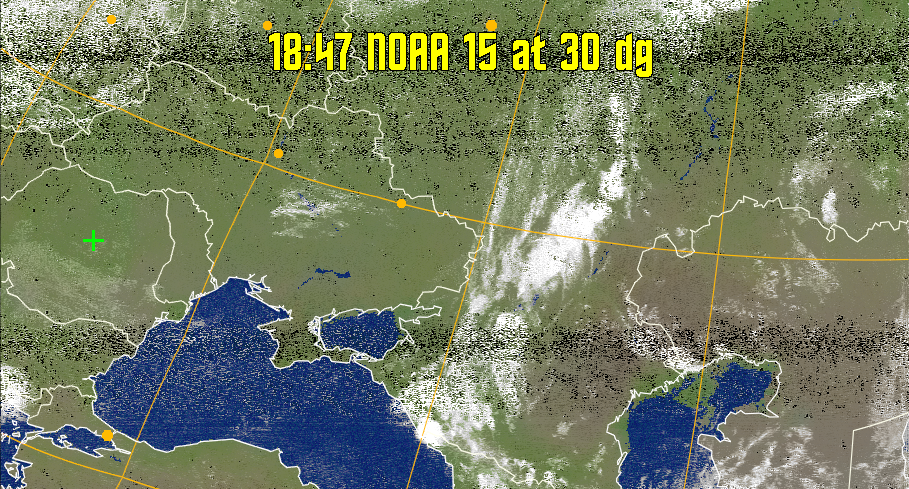 MCIR-precip: 
Colours the NOAA sensor 4 IR image using a map to colour the sea blue and land
green. High clouds appear white, lower clouds gray or land/sea coloured, clouds
generally appear lighter, but distinguishing between land/sea and low cloud may
be difficult. Darker colours indicate warmer regions.