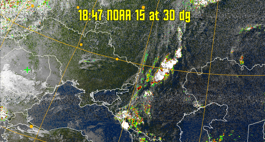 MSA-precip:
Same as MSA multispectral analysis, but high cold cloud tops are coloured the
same as the NO enhancement to give an approximate indication of the probability
and intensity of precipitation.