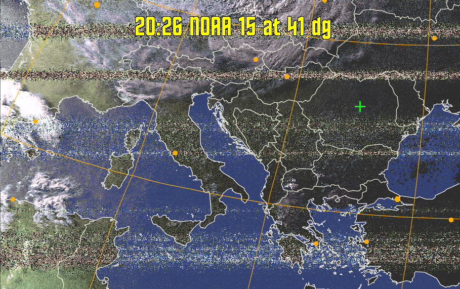 HVCT:
Similar to HVC, but with blue water and with colours more indicative of
land temperatures.
HVC:
Creates a false colour image from NOAA APT images based on temperature using
the HVC colour model. Uses the temperature derived from the sensor 4 image to
select the hue and the brightness from the histogram equalised other image to
select the value and chroma. The HVC colour model attempts to ensure that different colours at the same value will appear to the eye to be the same brightness
and the spacing between colours representing each degree will appear to the eye to
be similar. Bright areas are completely unsaturated in this model.