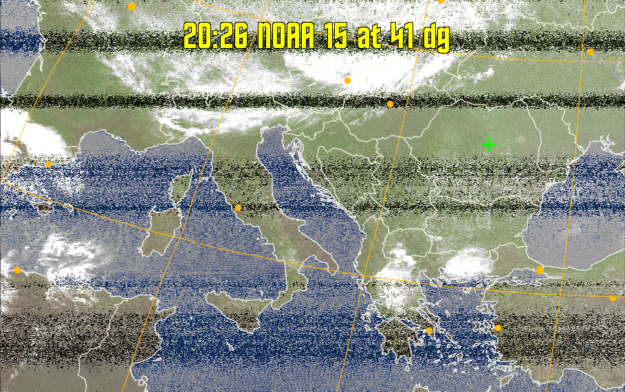 MCIR-precip: 
Colours the NOAA sensor 4 IR image using a map to colour the sea blue and land
green. High clouds appear white, lower clouds gray or land/sea coloured, clouds
generally appear lighter, but distinguishing between land/sea and low cloud may
be difficult. Darker colours indicate warmer regions.