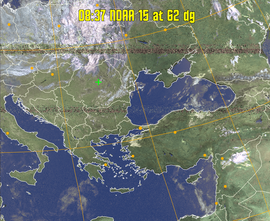 HVCT:
Similar to HVC, but with blue water and with colours more indicative of
land temperatures.
HVC:
Creates a false colour image from NOAA APT images based on temperature using
the HVC colour model. Uses the temperature derived from the sensor 4 image to
select the hue and the brightness from the histogram equalised other image to
select the value and chroma. The HVC colour model attempts to ensure that different colours at the same value will appear to the eye to be the same brightness
and the spacing between colours representing each degree will appear to the eye to
be similar. Bright areas are completely unsaturated in this model.