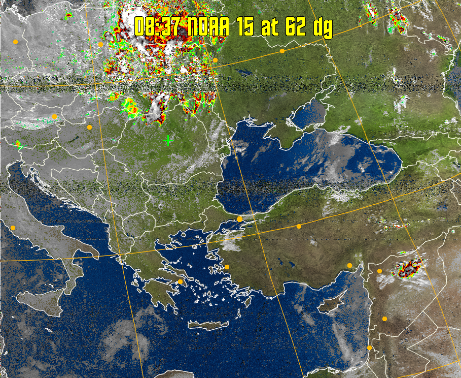 MSA-precip:
Same as MSA multispectral analysis, but high cold cloud tops are coloured the
same as the NO enhancement to give an approximate indication of the probability
and intensity of precipitation.